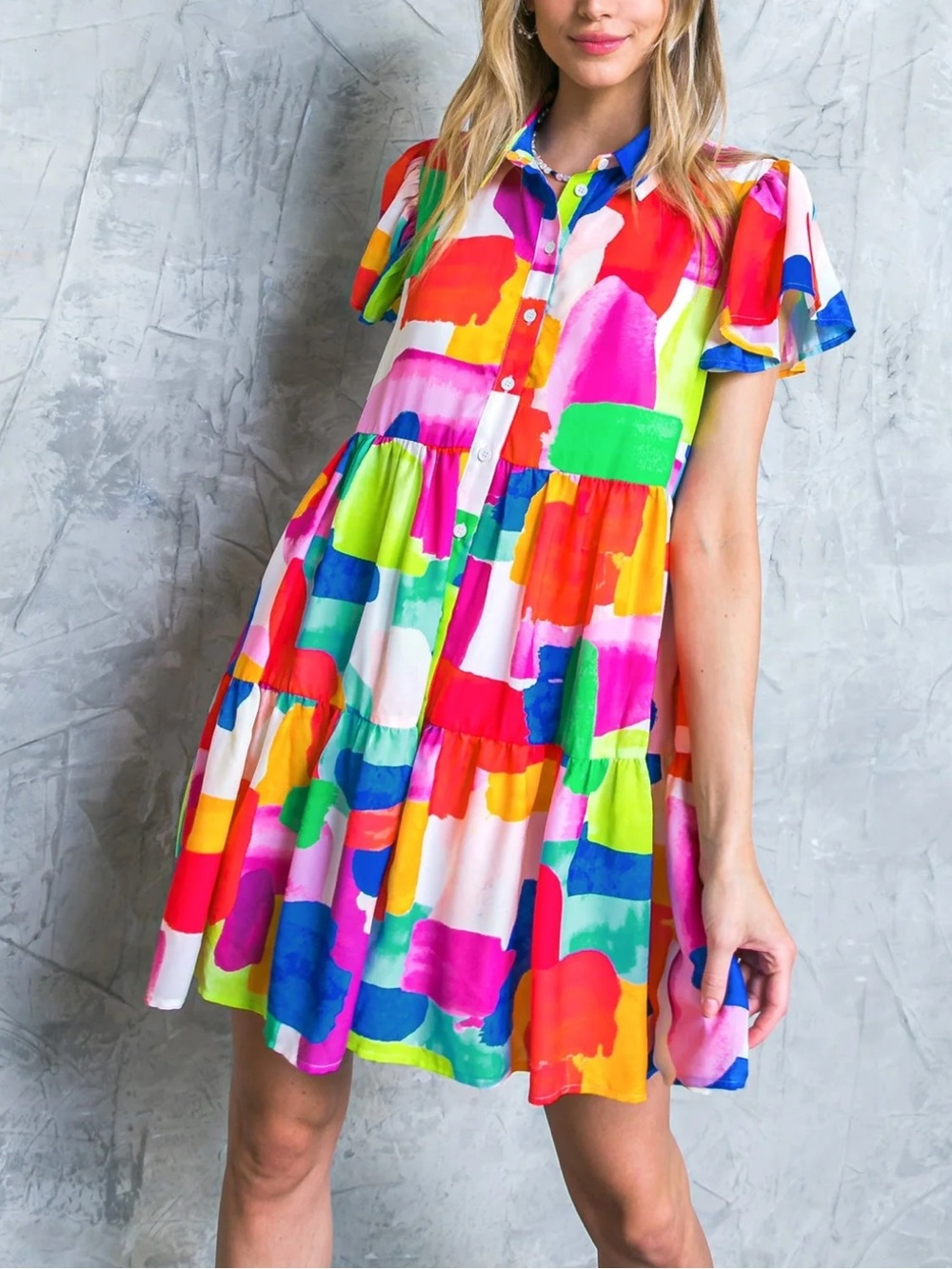 Flying Tomato Pink and Blue Painterly Print Dress
